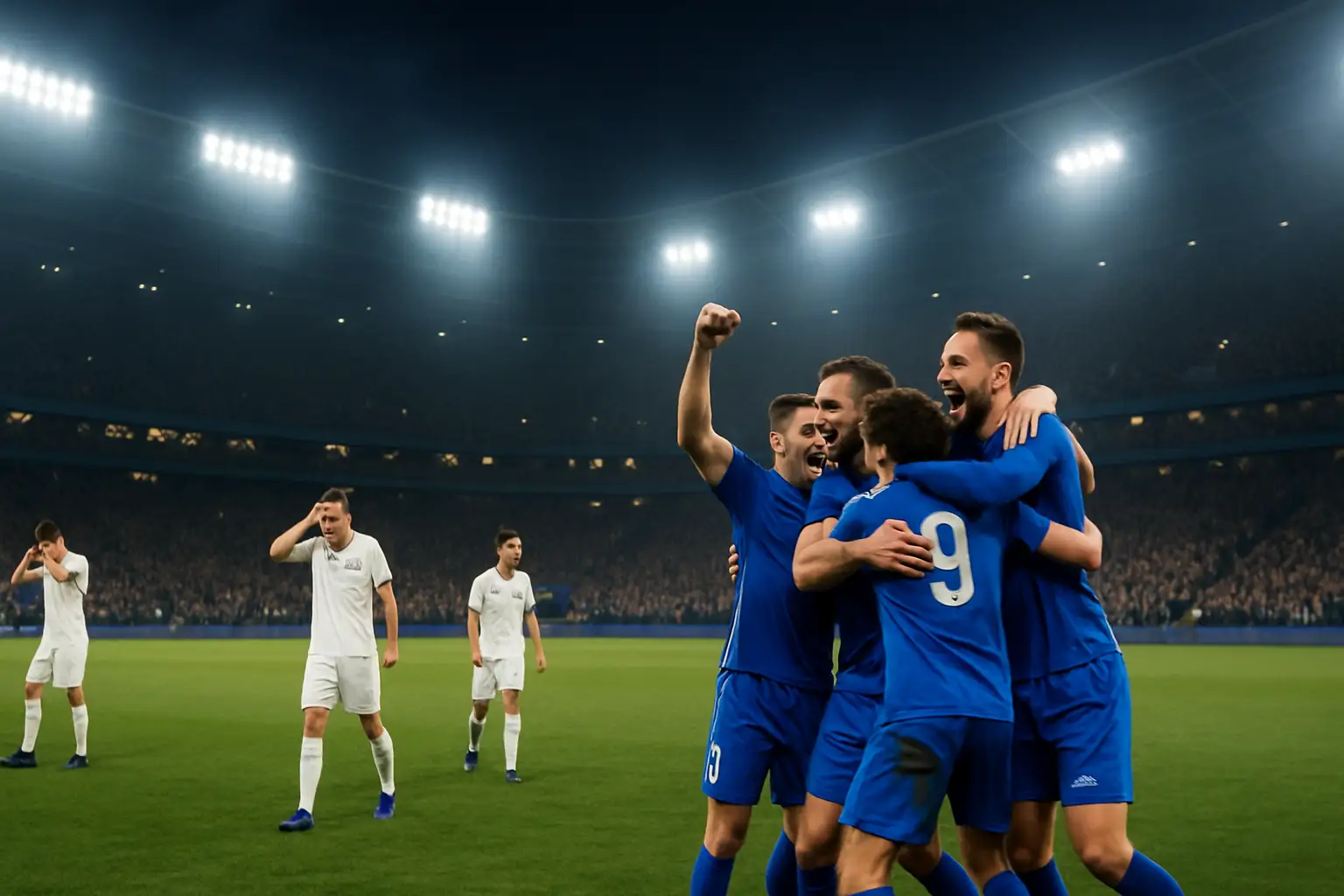 England footballers celebrating a goal against France during a high-scoring international match