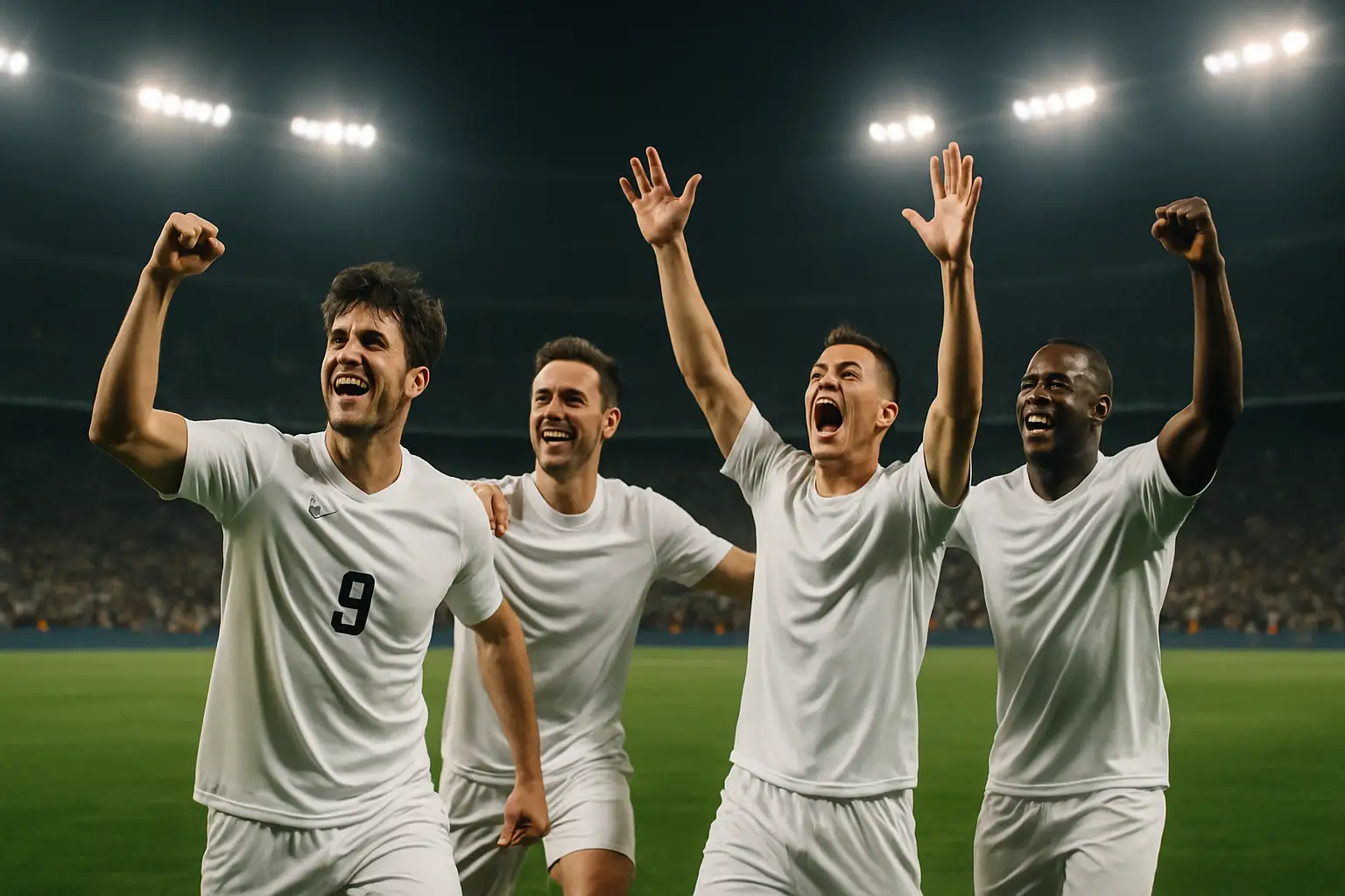 England football players celebrating a World Cup knockout stage victory on the pitch