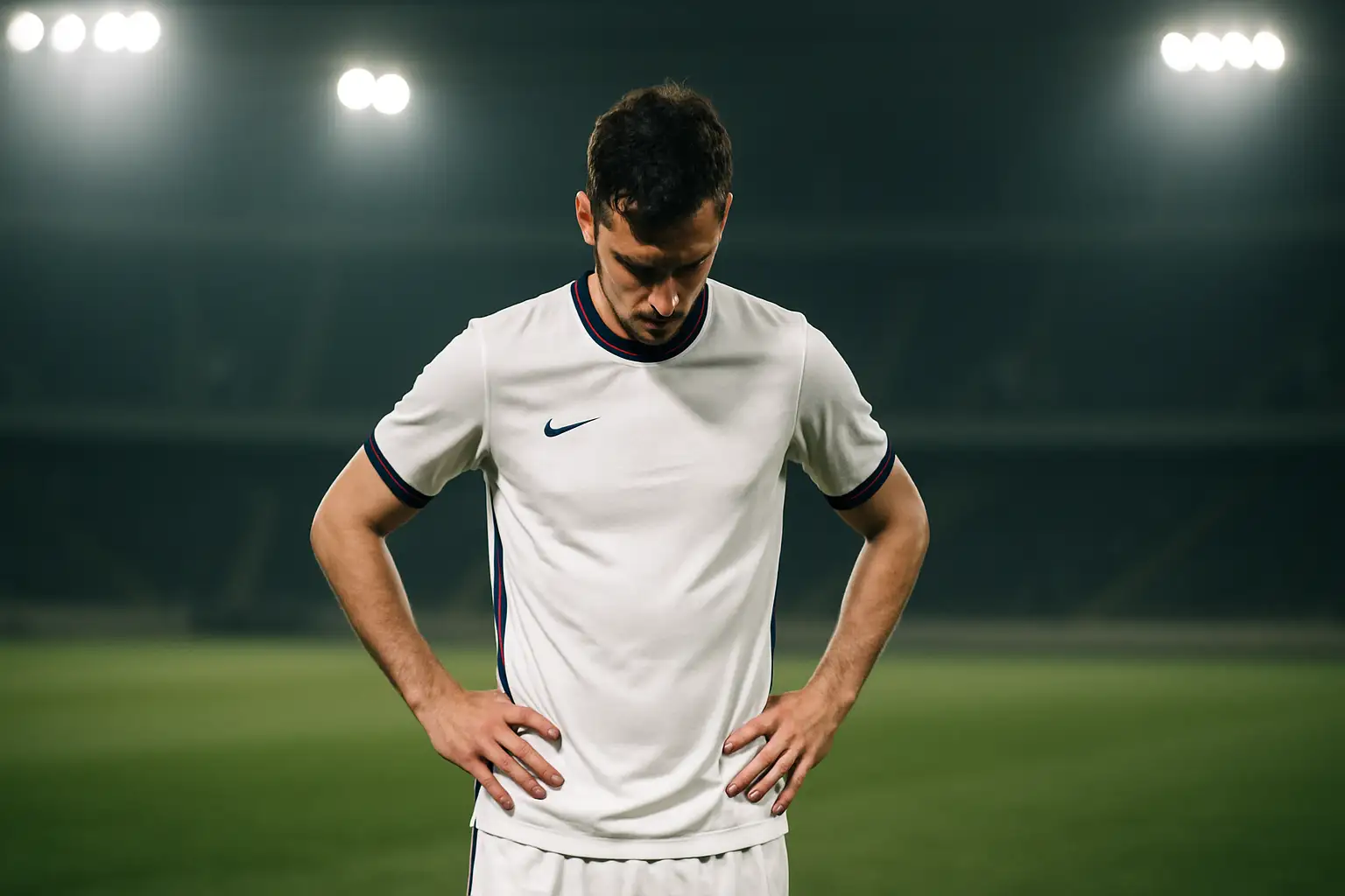 An England footballer in national kit standing alone on a pitch, head down, after a difficult moment in a match