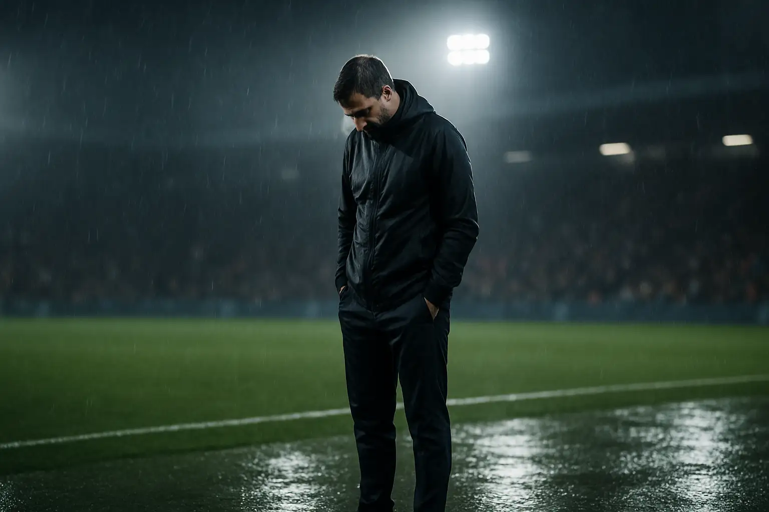 England football coach standing on the sideline looking frustrated during a high-stakes match