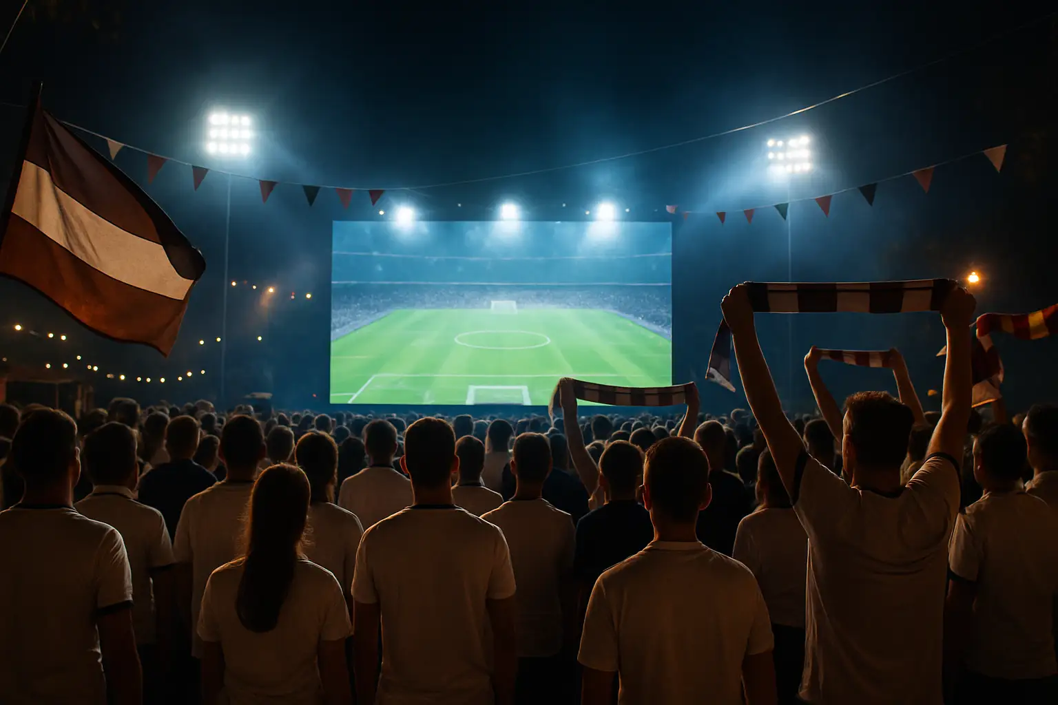 England football supporters watching a World Cup match on a large outdoor screen at night