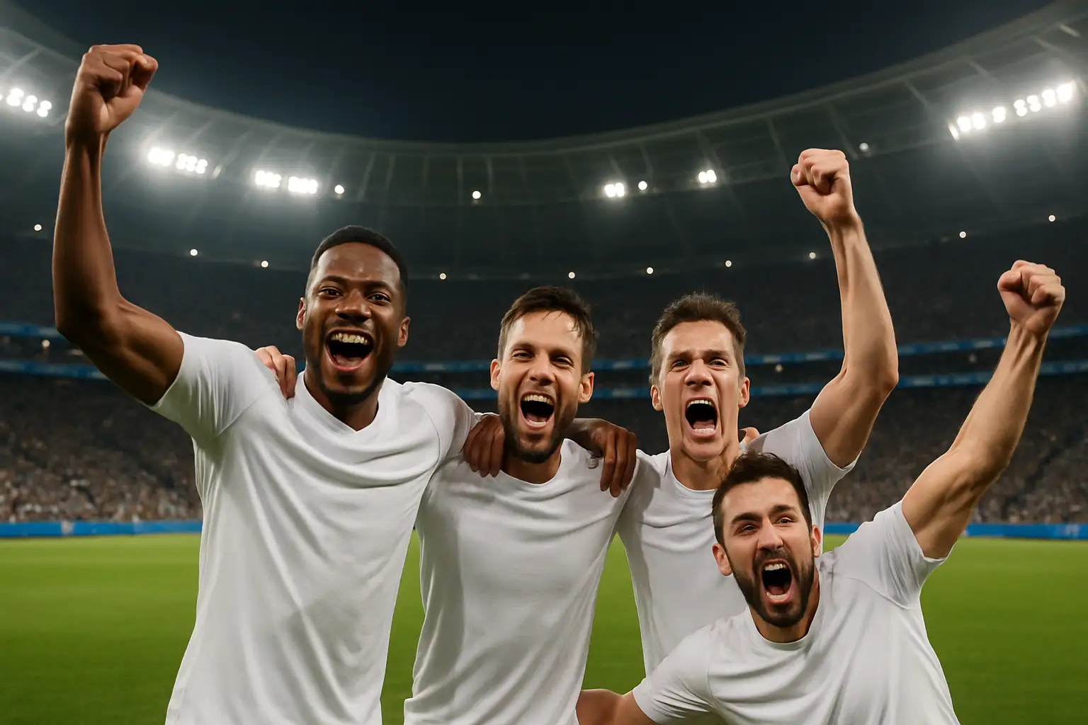 England football players celebrating a goal in a packed World Cup stadium