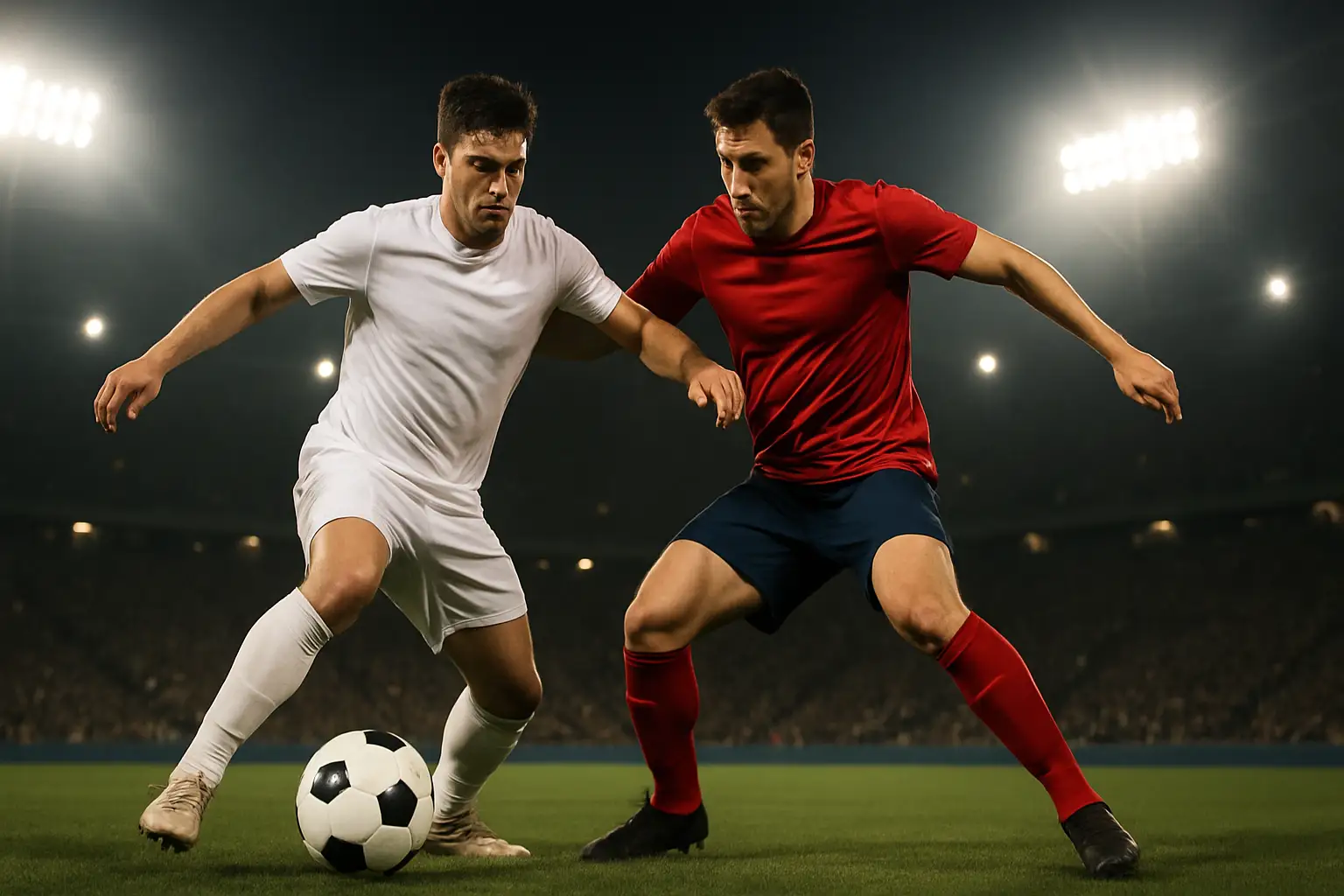 England and Argentina players competing for the ball on a floodlit World Cup pitch