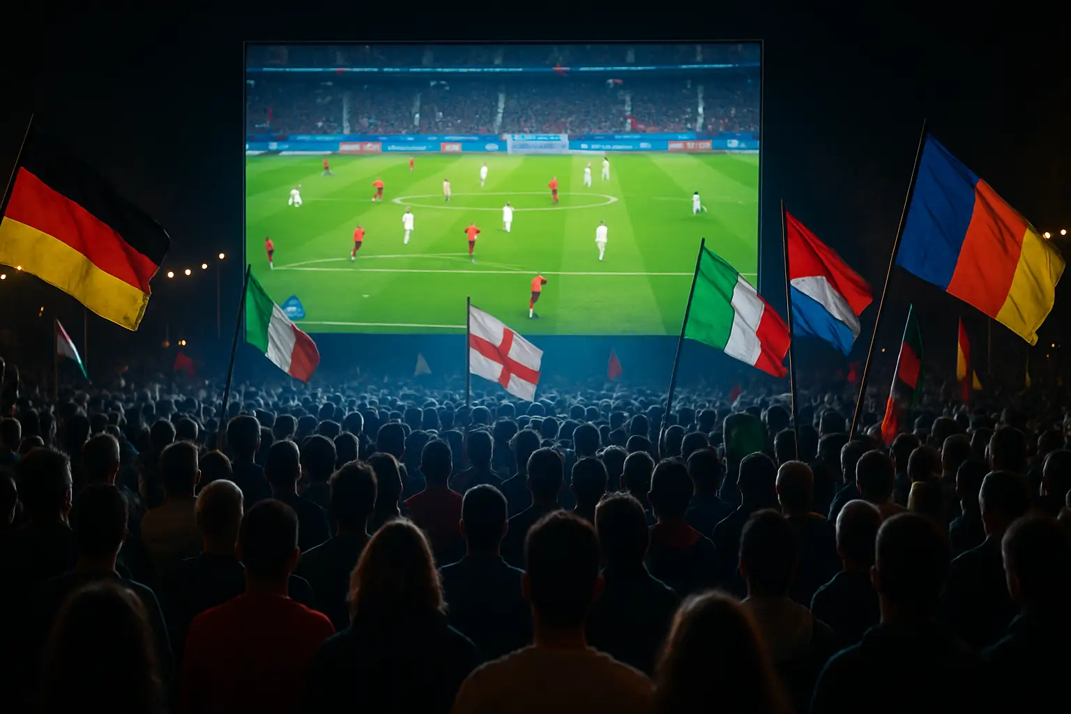 Football fans gathered around a large screen watching a World Cup semi-final match