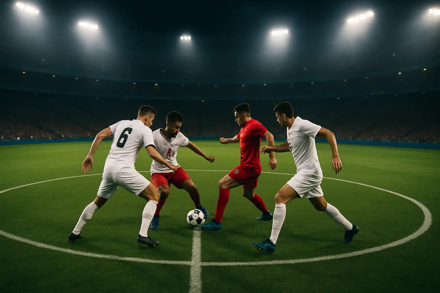 England and Argentina players competing for the ball during an international football match