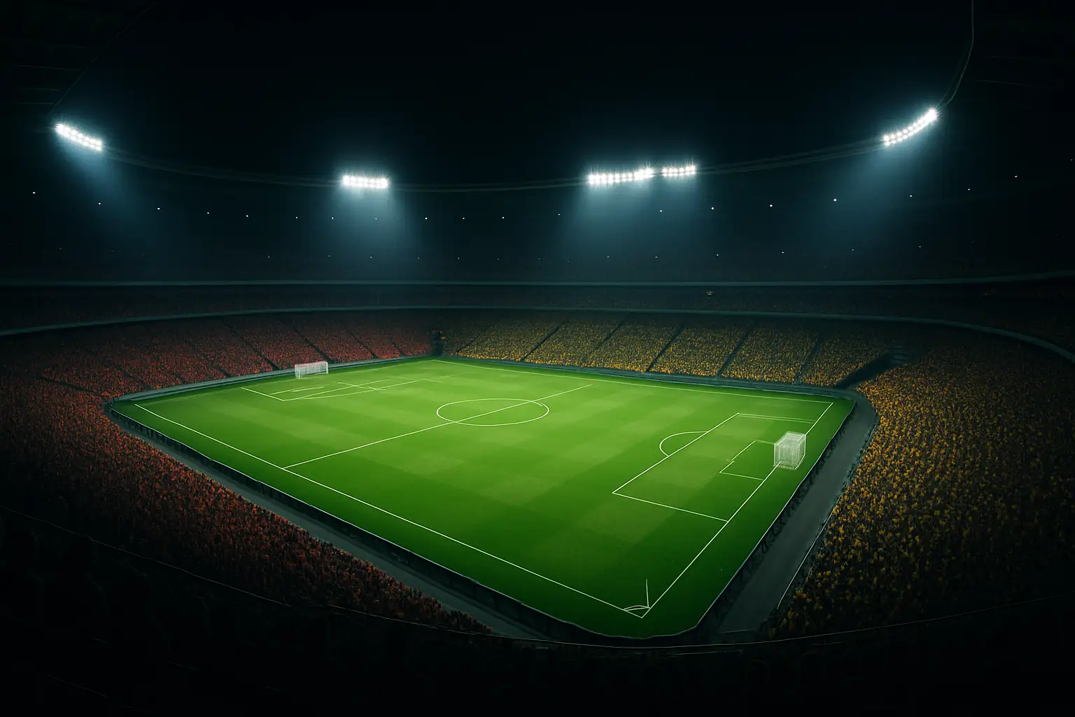 A packed football stadium at night with green pitch glowing under floodlights, viewed from high in the stands