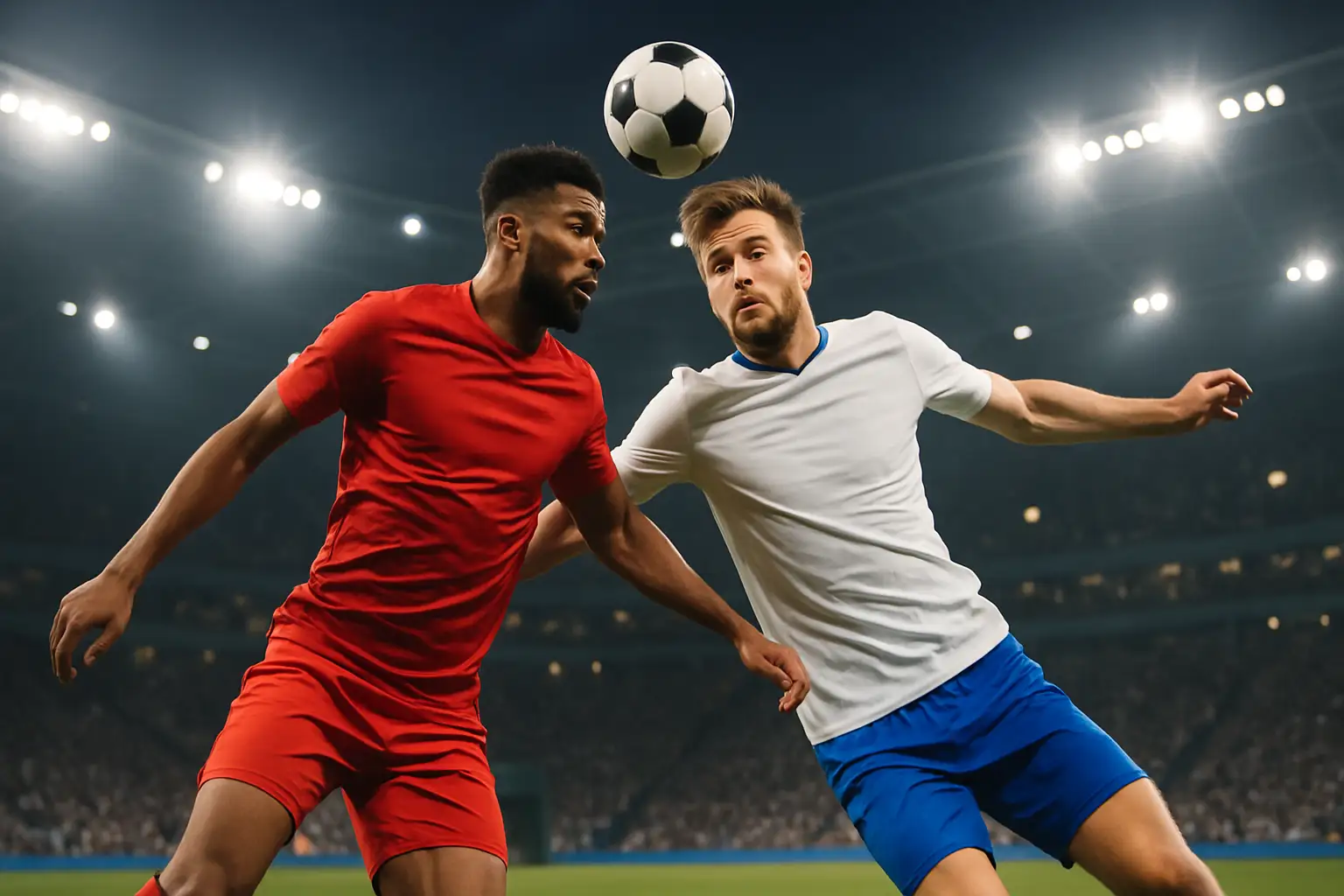 Football players from two European national teams contest a ball during a major international tournament match