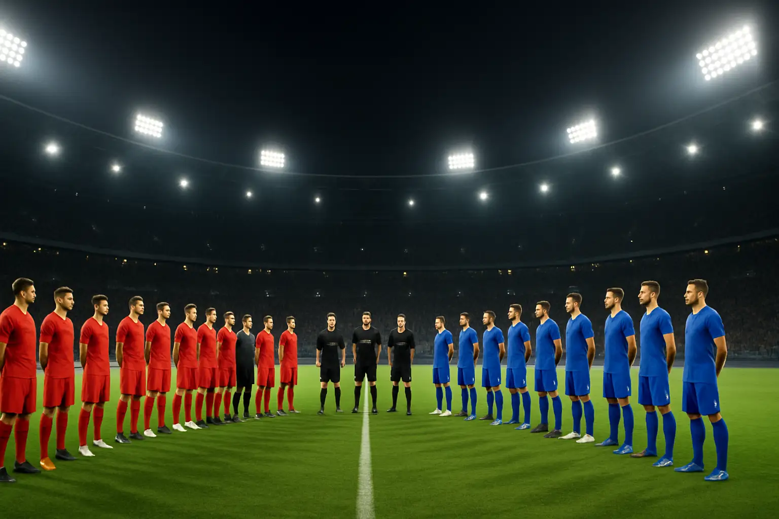 Football players from two national teams facing off on a World Cup stadium pitch under floodlights