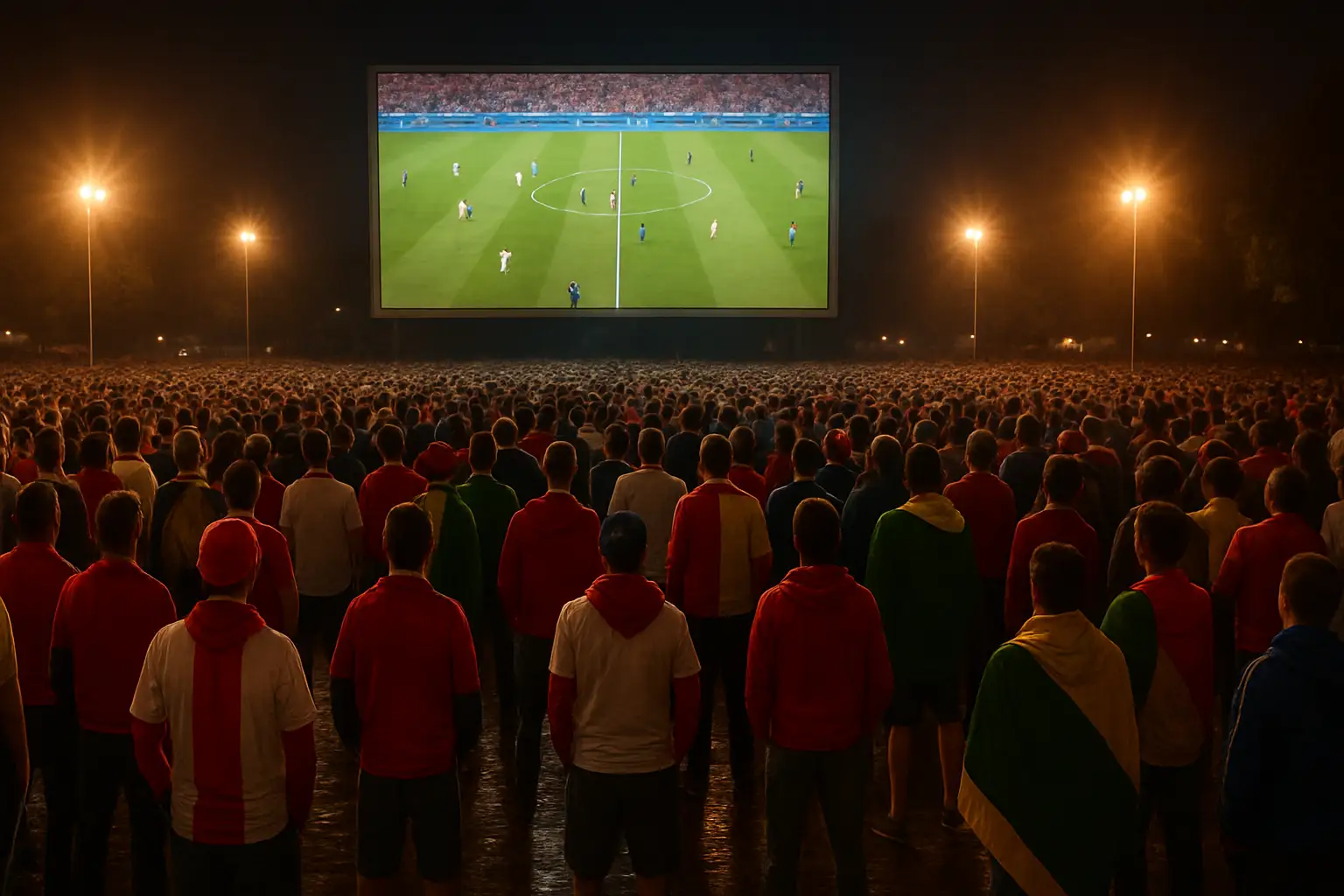 Football fans watching an international match on a large screen in a packed venue