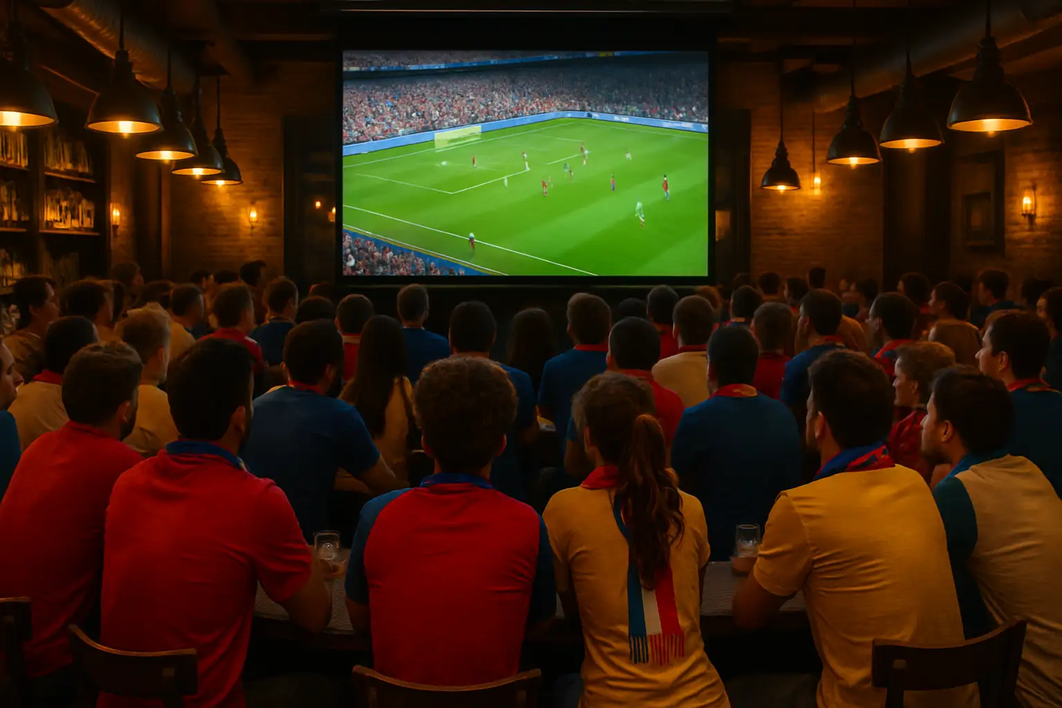 Football fans watching a World Cup match on a large screen in a public venue