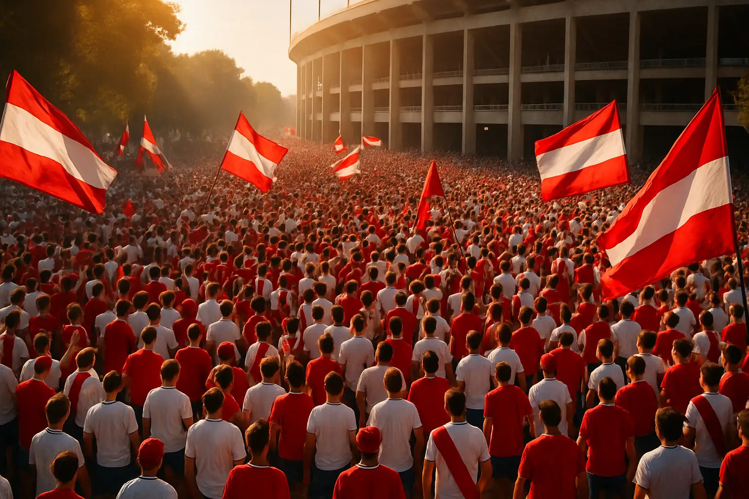 England football fans gathered in large numbers outside a World Cup stadium waving flags
