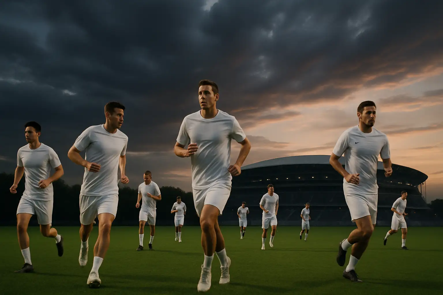 England football players training on a pitch with a World Cup trophy concept in the background