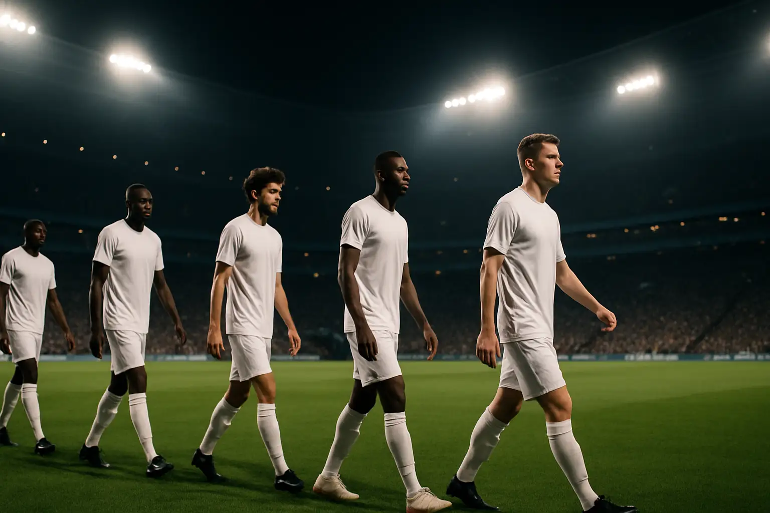 England football players walking onto a World Cup pitch under stadium floodlights