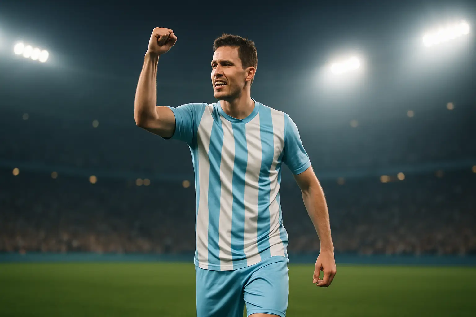 A footballer celebrating a goal in an international match under floodlights
