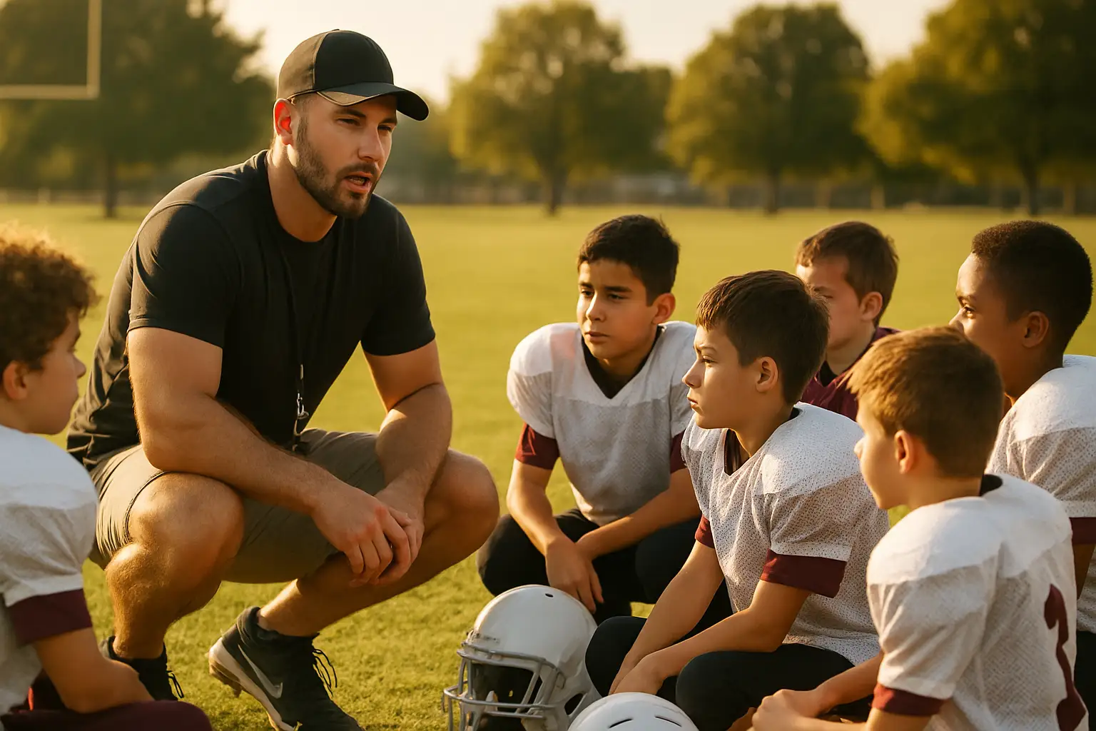 A former NFL player coaching young athletes on a football field during a summer camp