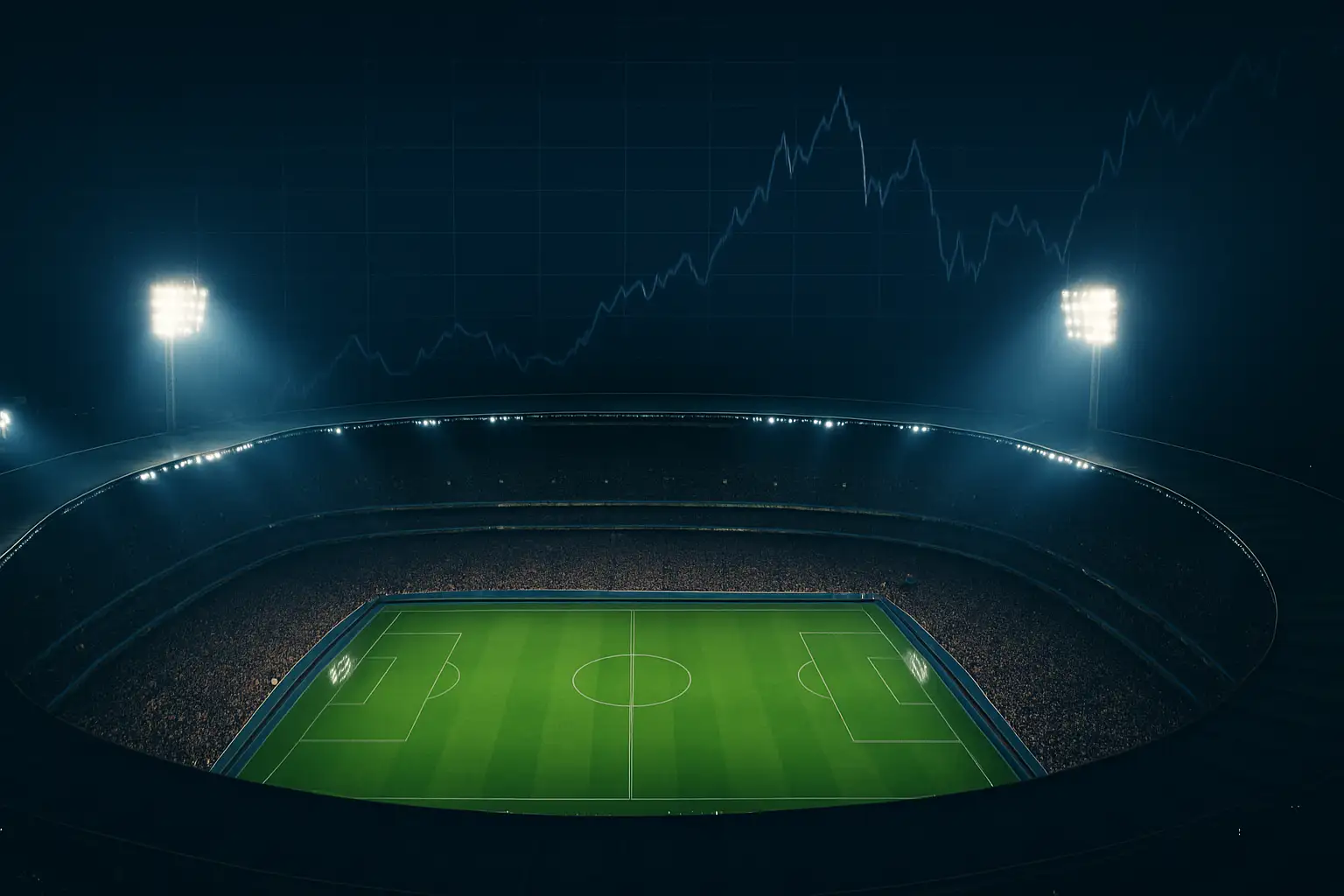 Aerial view of a packed European football stadium at night with floodlights illuminating the pitch