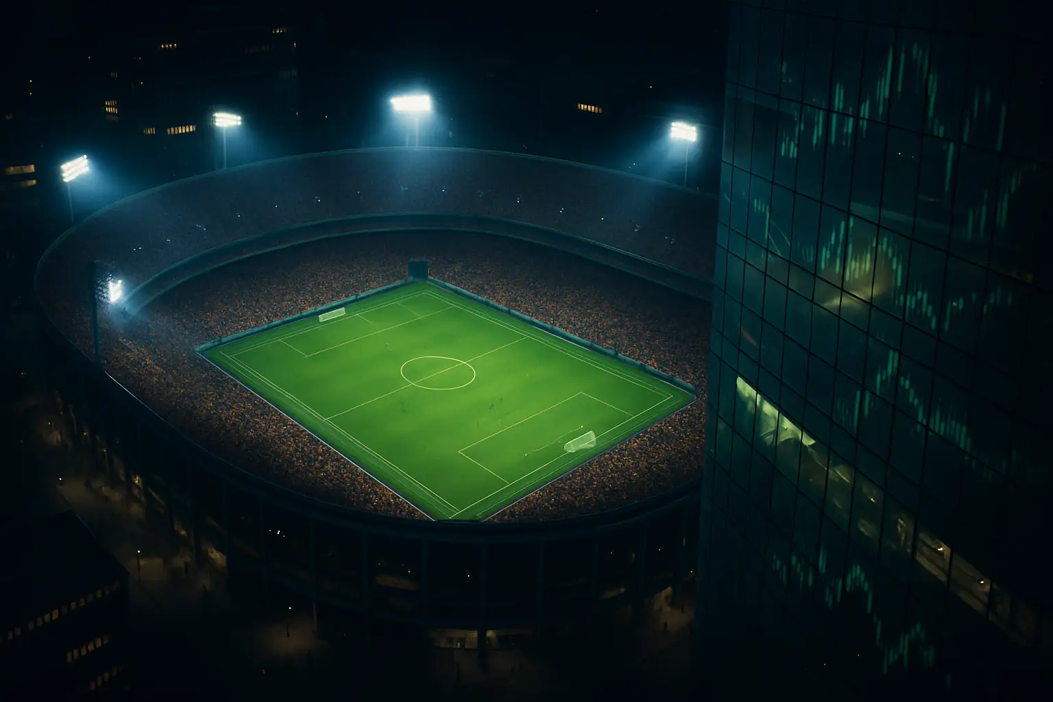 Aerial view of a packed European football stadium at night with floodlights illuminating the pitch