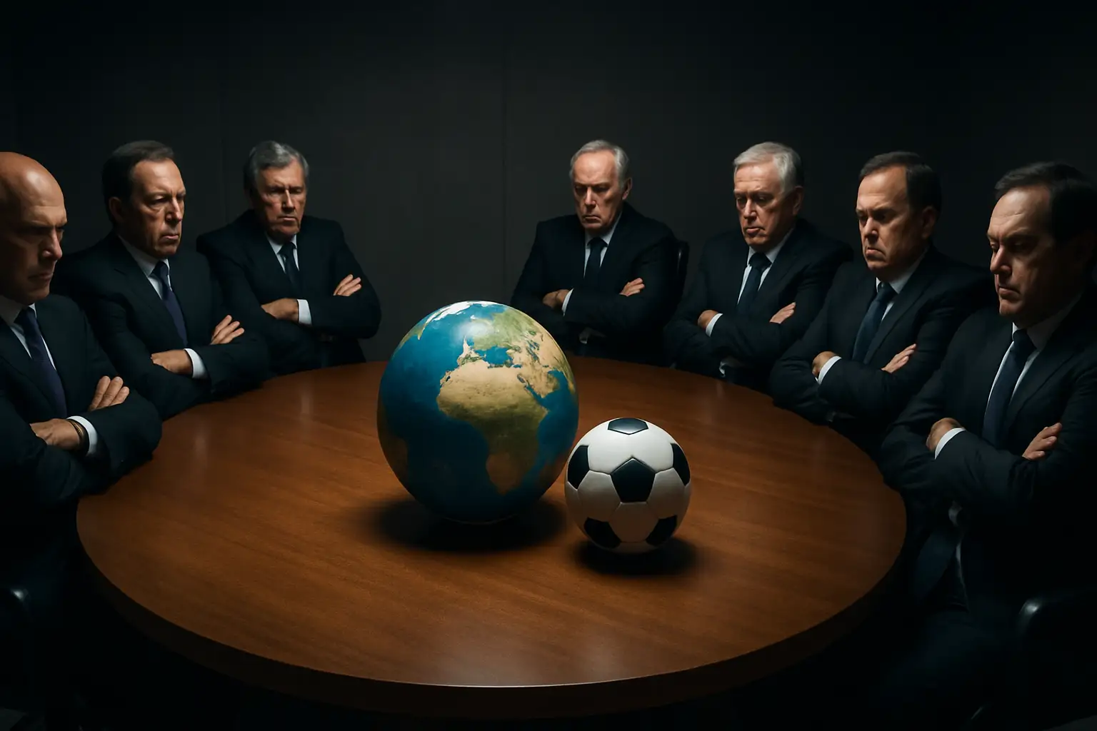Football officials in a tense meeting room with a globe and football on the table