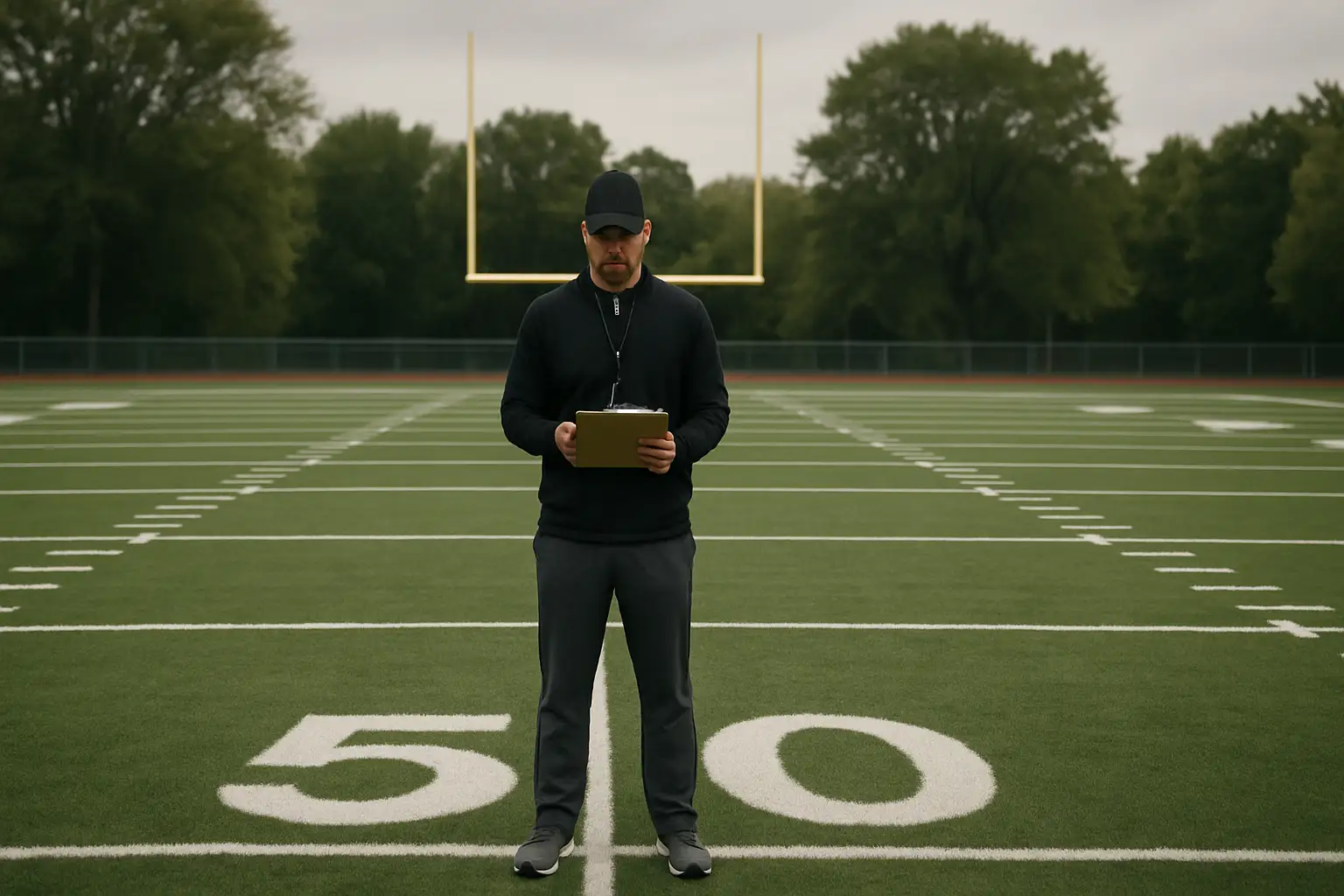 A football coach stands on a high school football field during practice, clipboard in hand