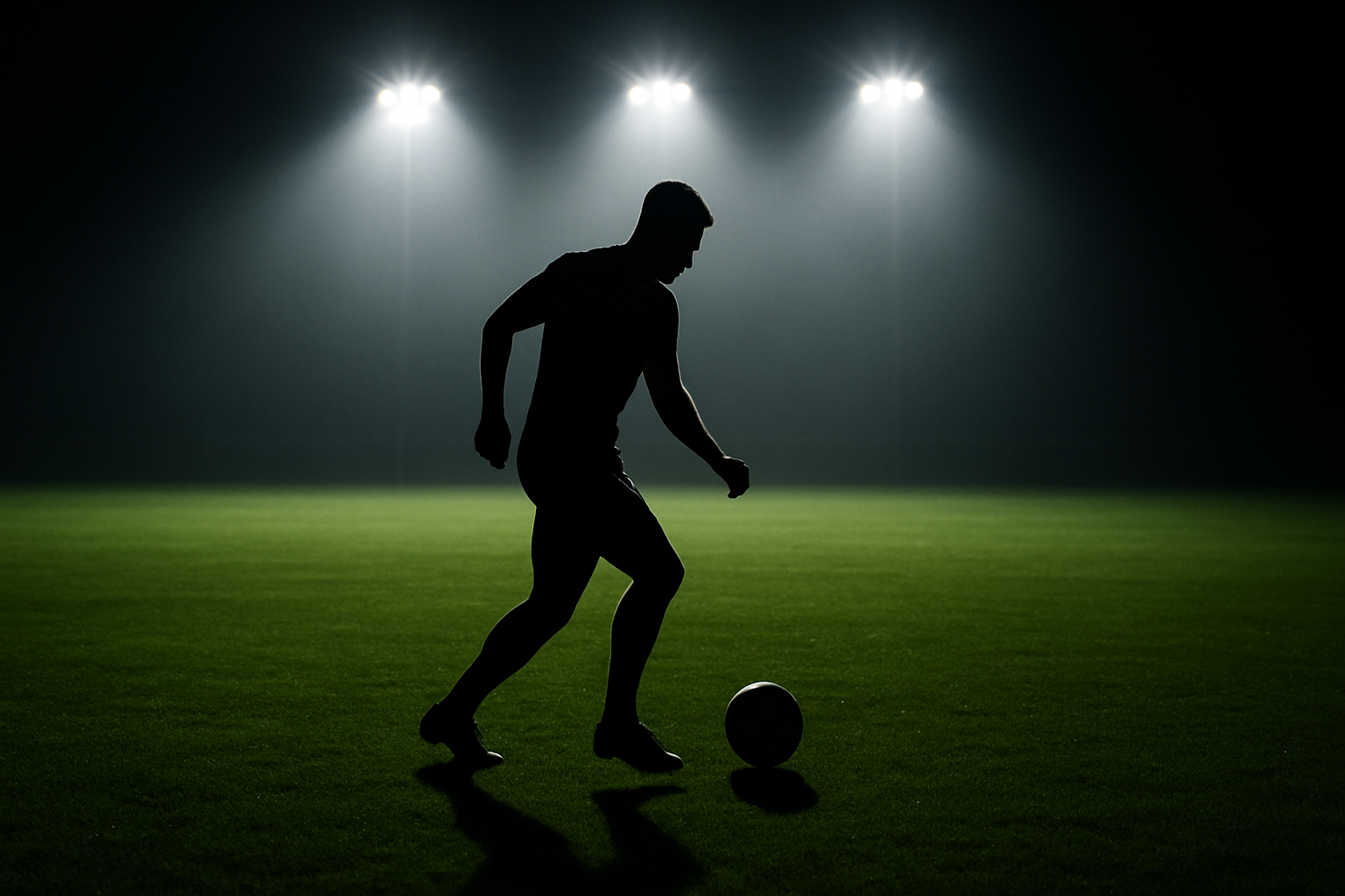 A lone footballer in silhouette training on a floodlit pitch at night, representing elite athletic dedication