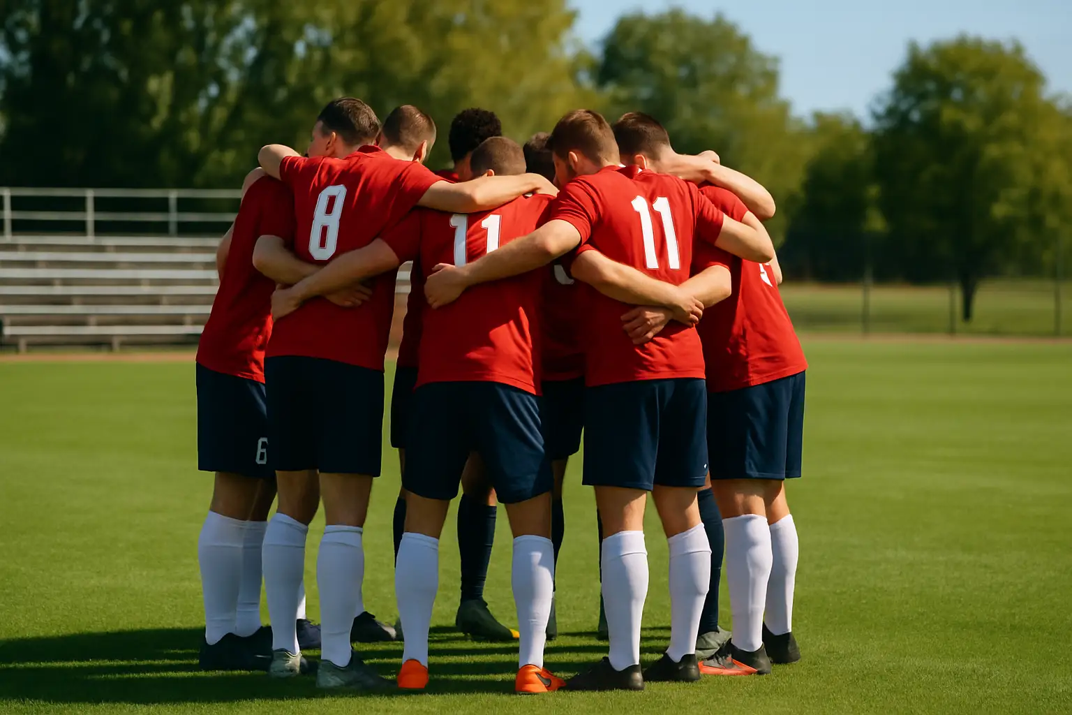 Football players on a community pitch preparing for a league season kickoff