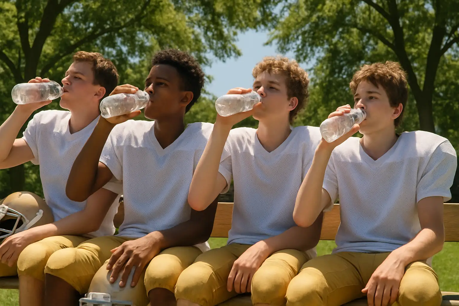 Football players resting in the shade during a hot summer practice session