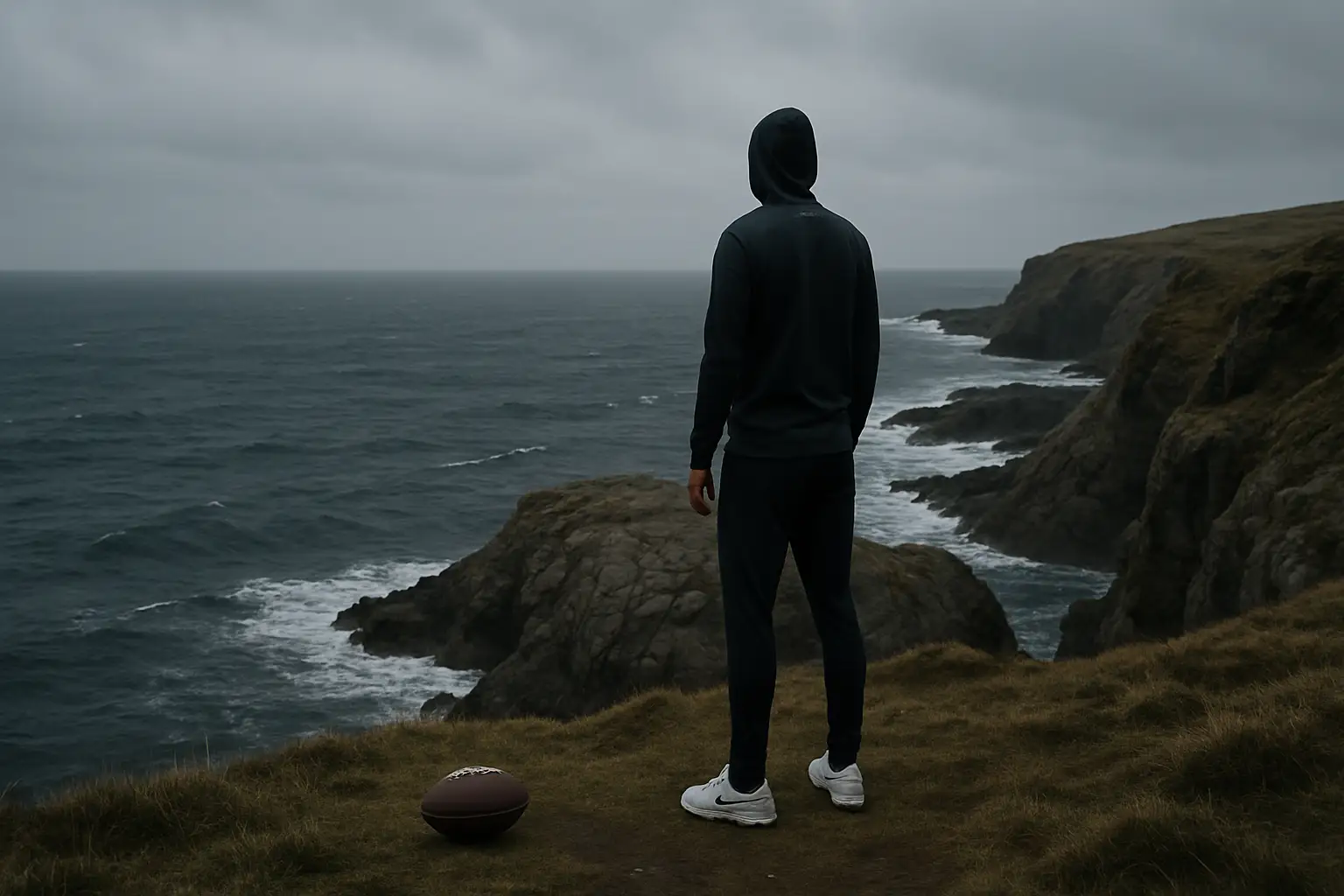 A lone figure standing on windswept South Atlantic cliffs looking toward the horizon, with a football resting on the grass nearby