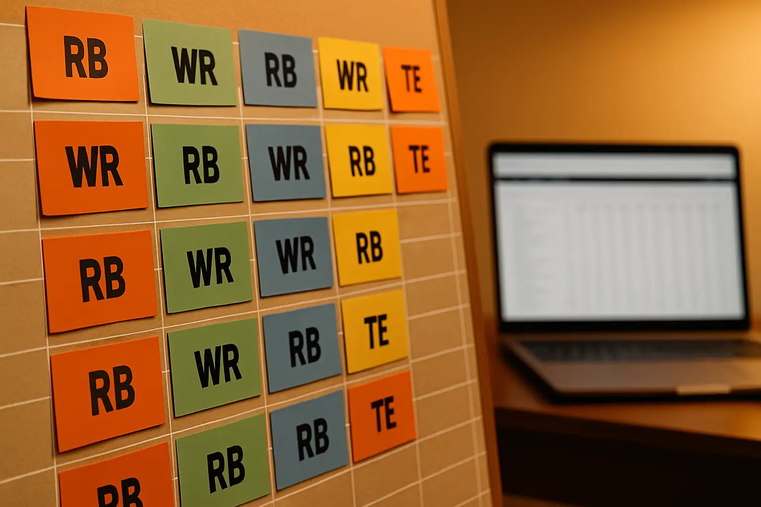 Fantasy football draft board with player cards and a laptop showing rankings