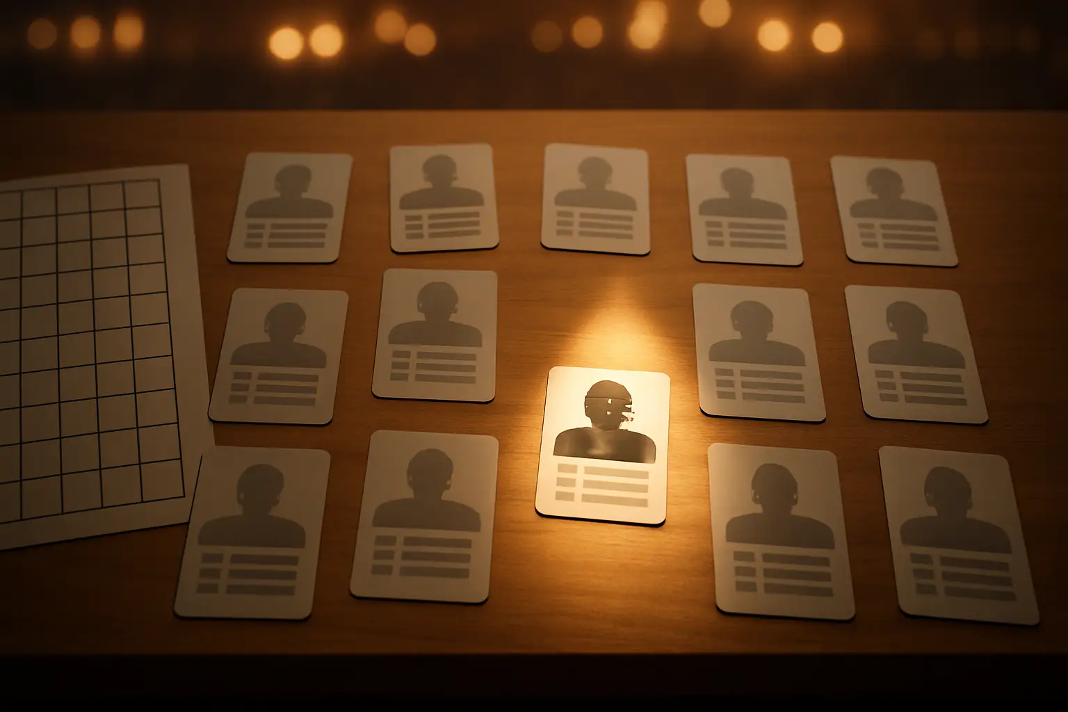 Fantasy football draft board with player cards spread across a table under stadium lighting