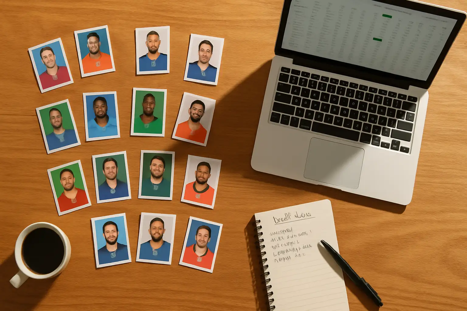 Fantasy football draft board with player cards and rankings spread across a table