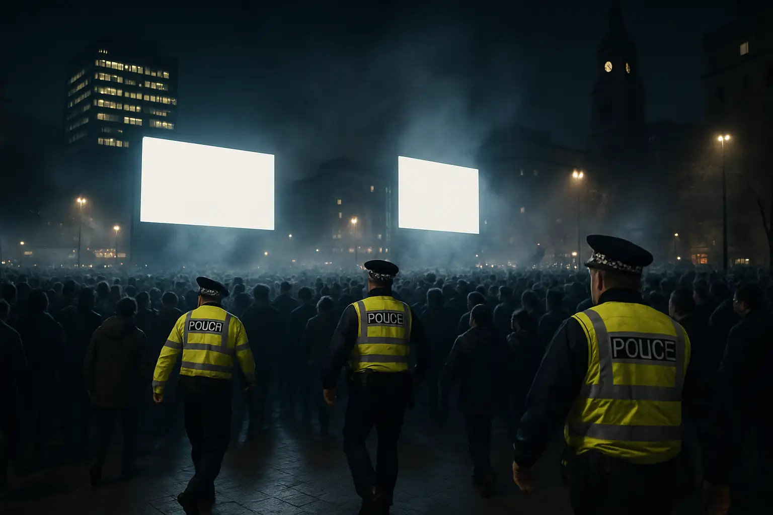 A large crowd gathered at an outdoor public viewing area at night, with emergency services visible in the background