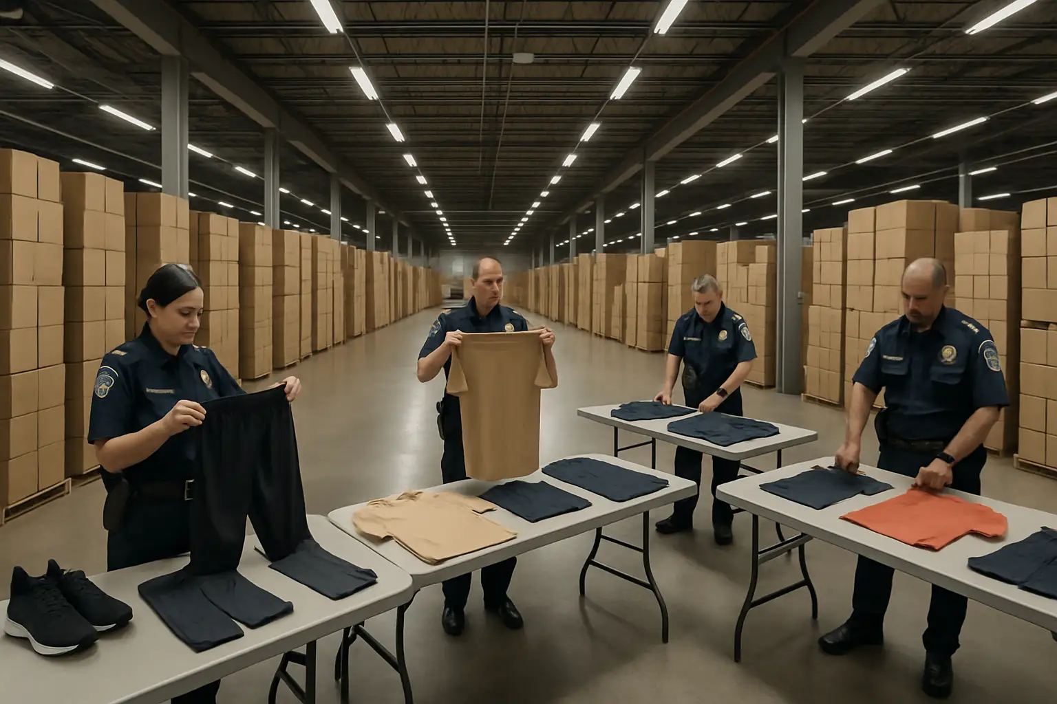 Stacked boxes of seized counterfeit sports merchandise at a customs warehouse
