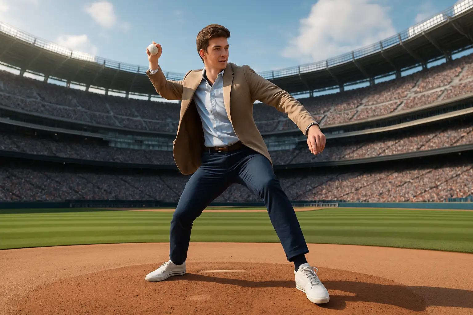 A football player in casual clothes standing on a baseball mound preparing to throw a pitch in a large MLB stadium