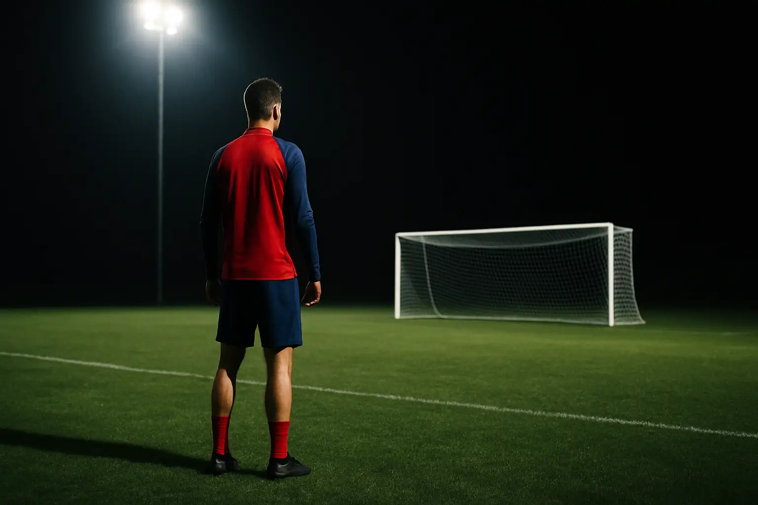 A footballer in red and blue training kit standing on a pitch under floodlights