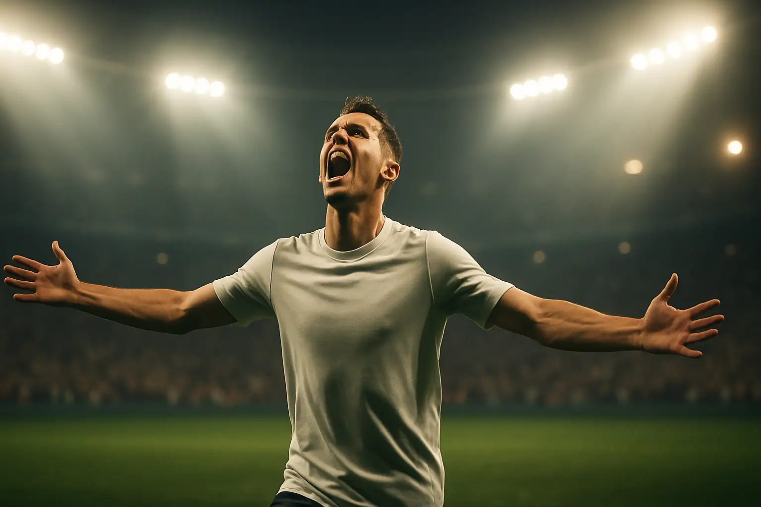 A football player celebrating a goal in a packed stadium at night