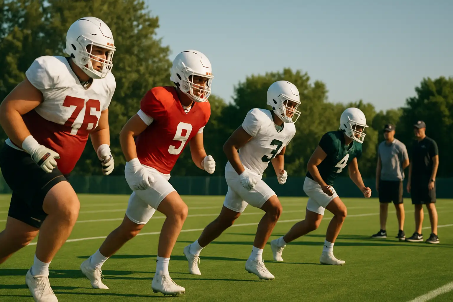 Ferris State Bulldogs football players running drills during fall camp on a sunny practice field