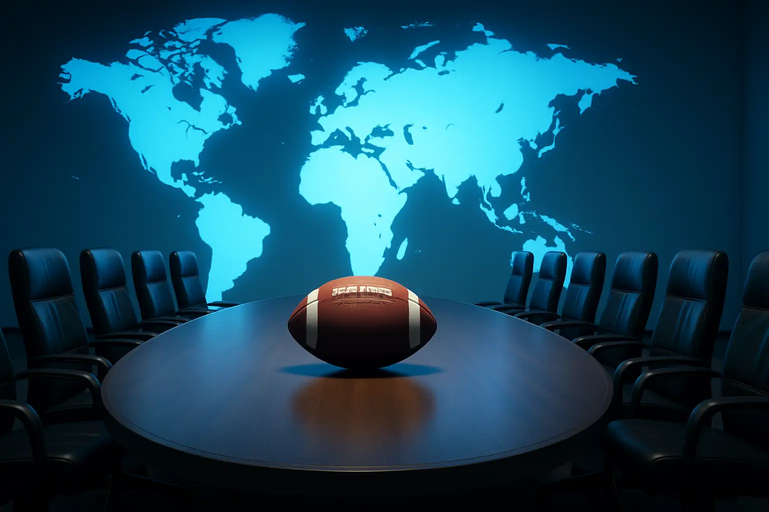 Football officials gathered around a conference table with a globe and football in the foreground