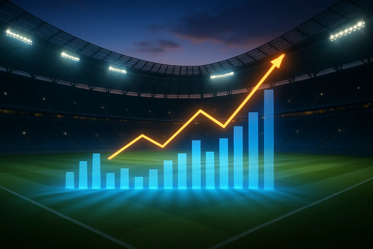 Abstract representation of a football stadium with financial graphs and investment symbols overlaid