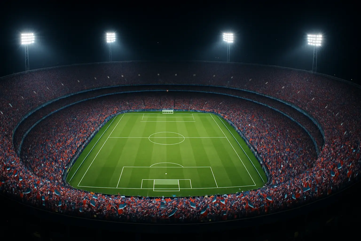 A packed World Cup stadium at night with colorful crowd and bright floodlights