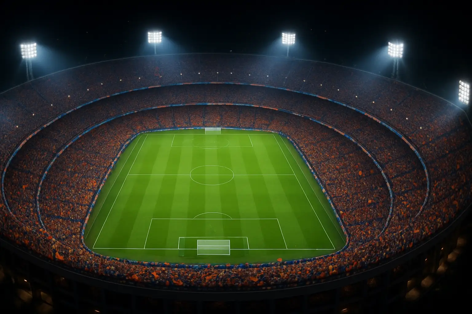 Packed World Cup stadium with excited fans in the stands during a high-profile international football match