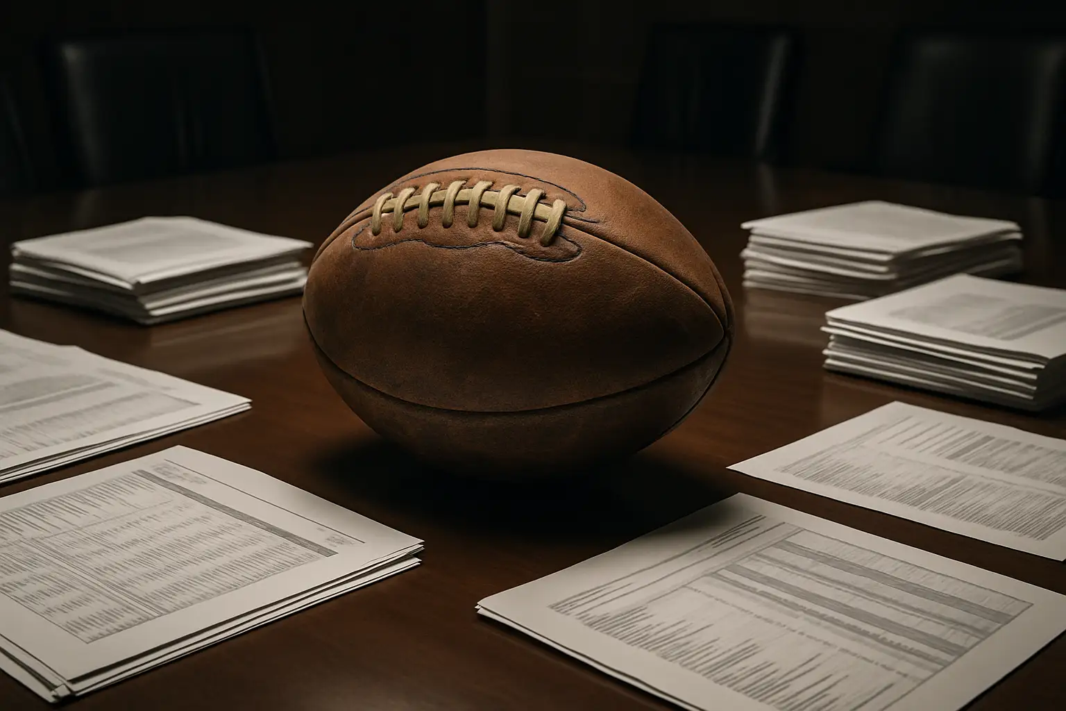 A football resting on a boardroom table surrounded by financial documents and figures