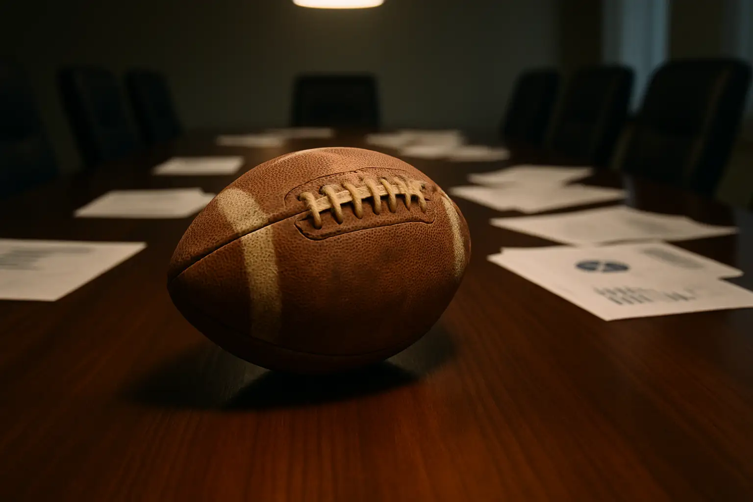 A football resting on a boardroom table surrounded by financial documents