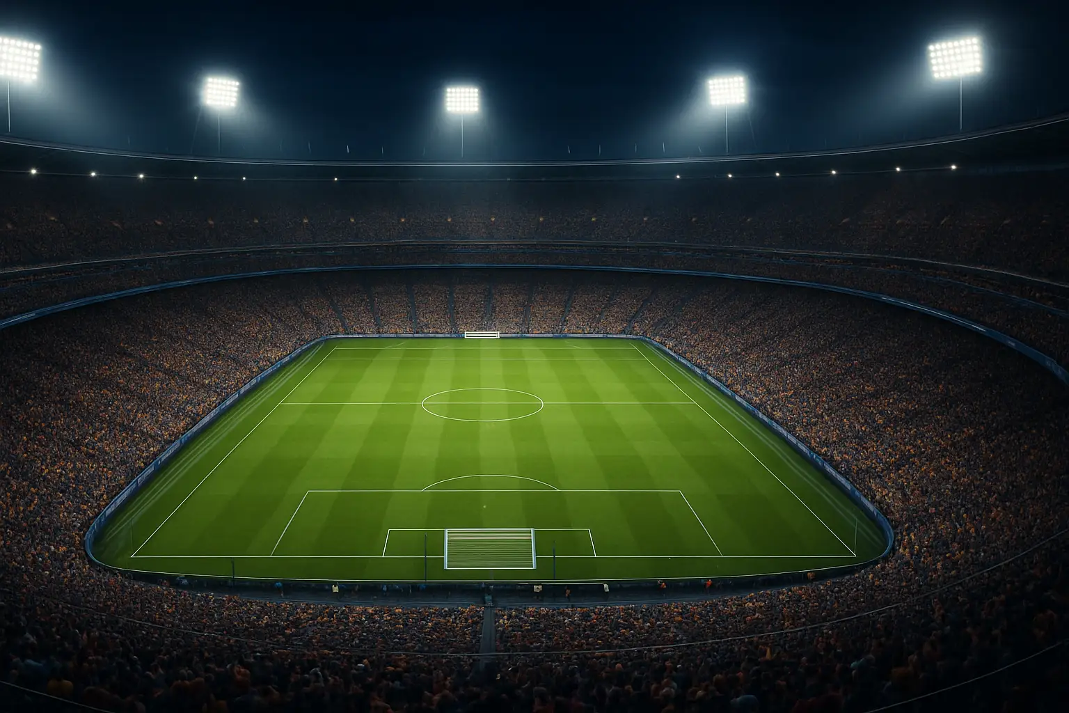 A football stadium packed with fans under bright floodlights during a major international match