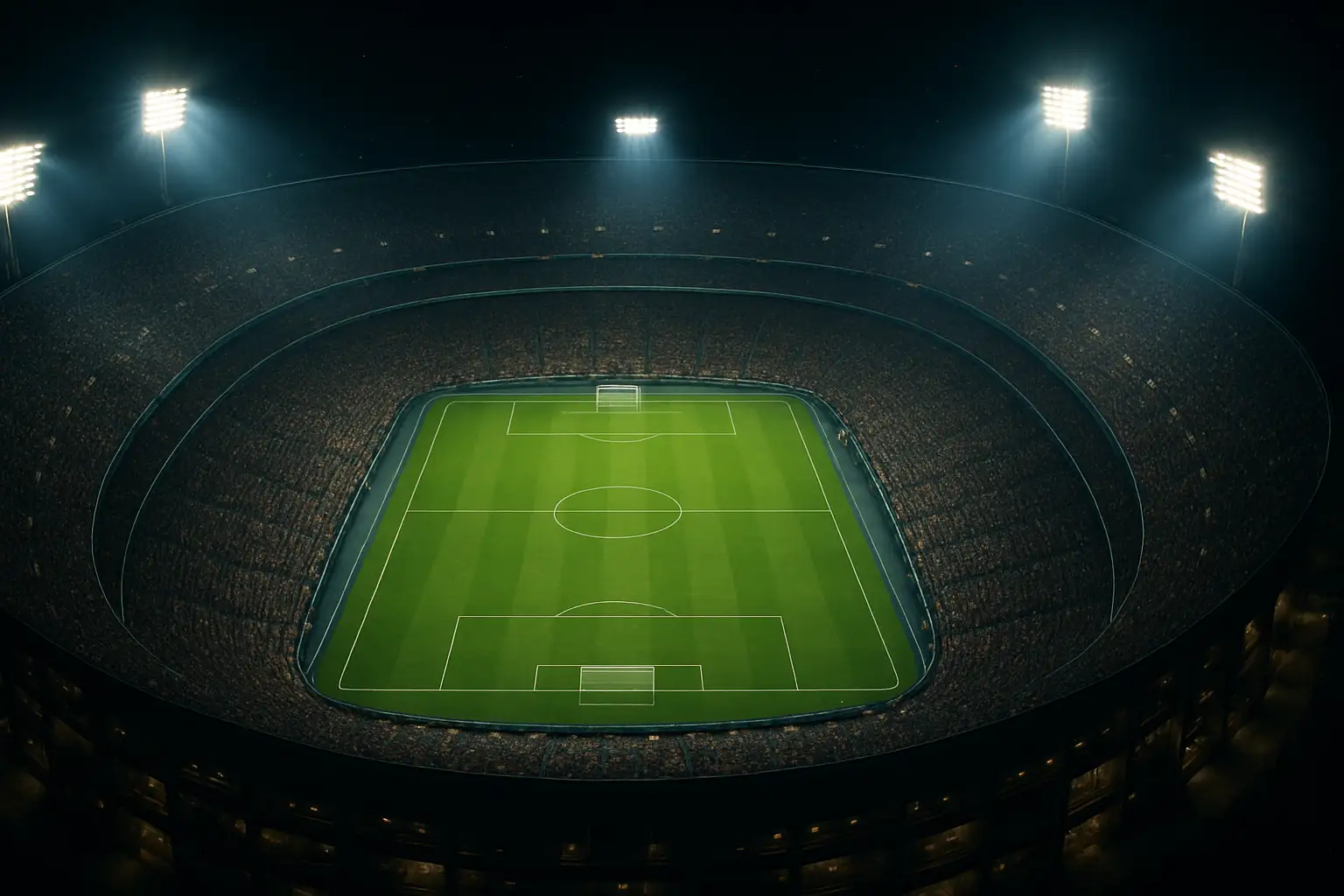 A football stadium filled with fans under bright floodlights during a major international match