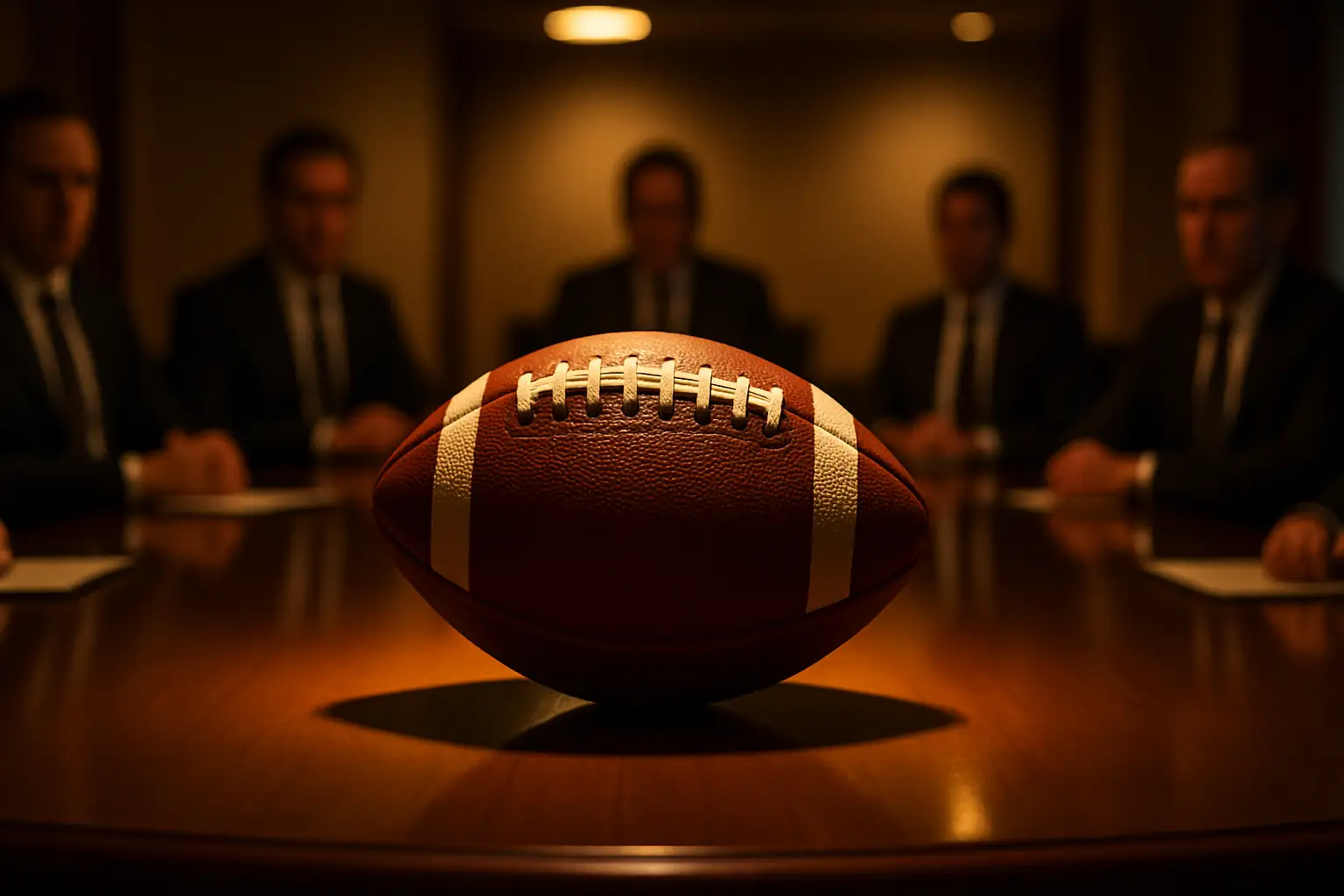 Football globe symbol surrounded by boardroom figures in discussion