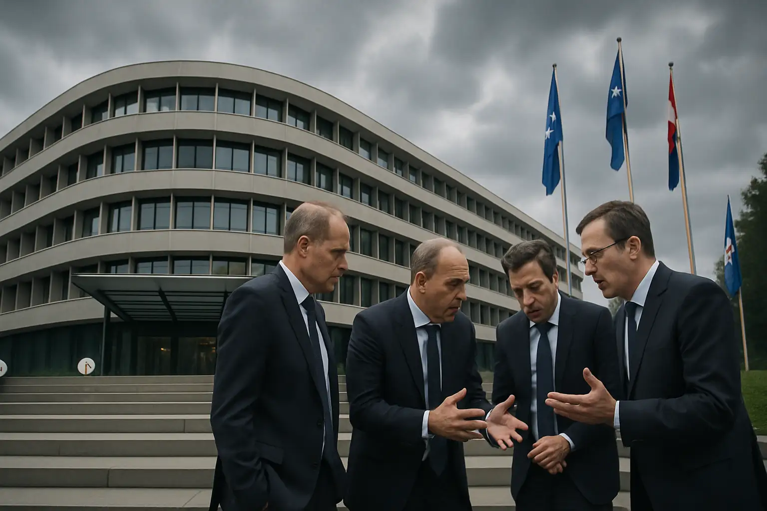 FIFA headquarters building with football officials gathered outside in discussion