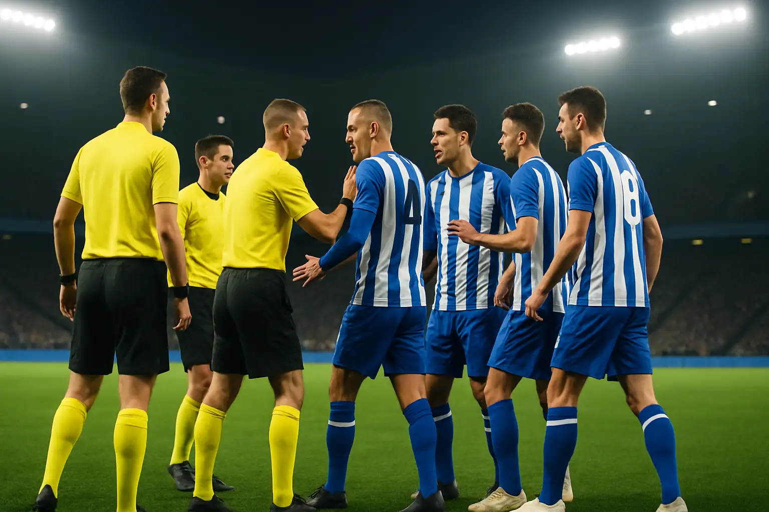 Argentina football players on a pitch surrounded by referee officials after a tense match