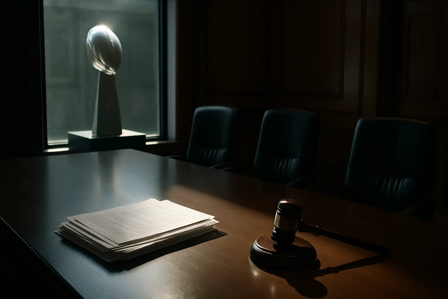Football officials reviewing disciplinary documents with a stadium in the background