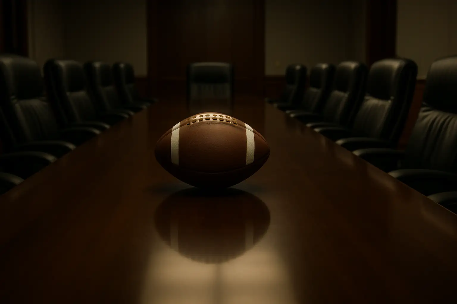 A football on a boardroom table with empty executive chairs in a formal meeting room