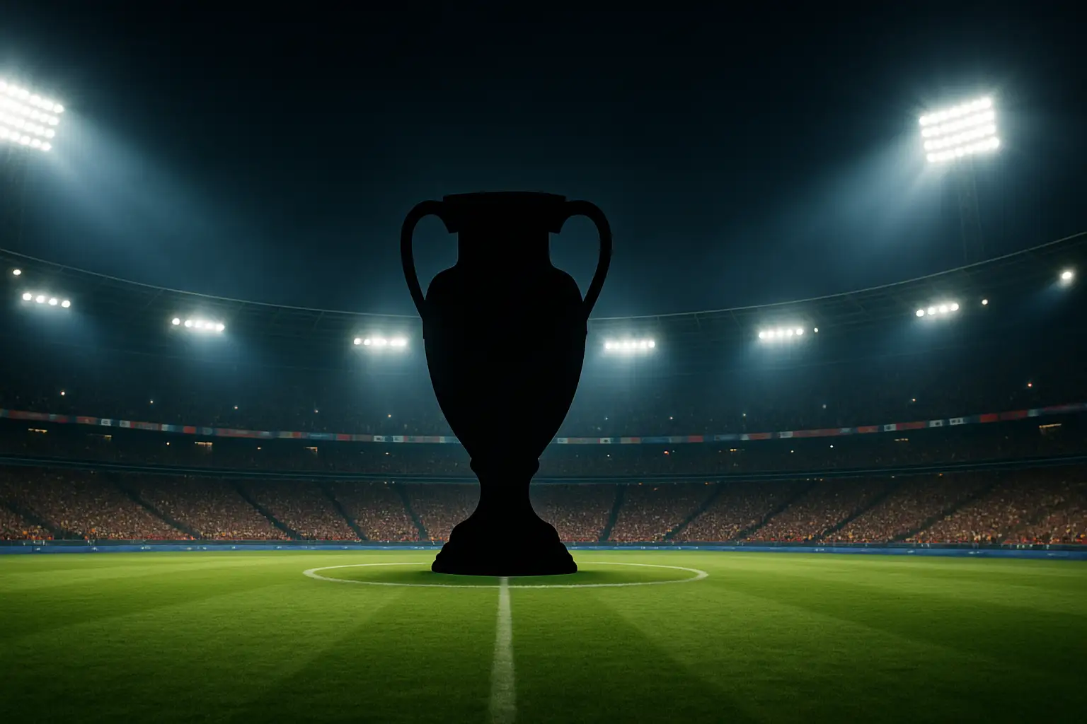 A football stadium packed with fans under bright floodlights, with a large golden trophy silhouette on the pitch